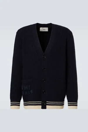Ami Cardigan in lana vergine a coste con logo