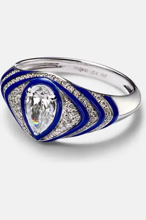 Kamyen Anello per mignolo Striped Pear in oro bianco 18kt e smalto con diamanti