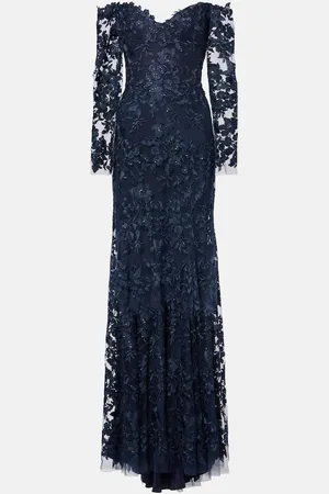 MONIQUE LHUILLIER Abito lungo in tulle con ricamo