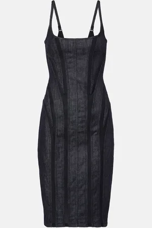 MUGLER Abito midi in denim con finiture in mesh