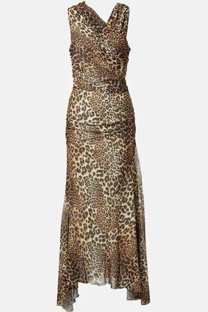 Ganni Abito lungo in mesh con stampa leopardata