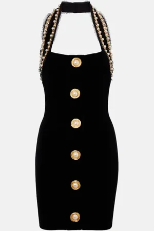 Balmain Abito corto in velluto con perle bijoux