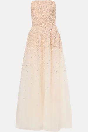 MONIQUE LHUILLIER Abito lungo in tulle con perle bijoux