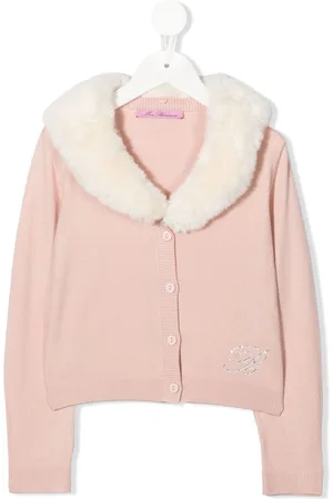MISS BLUMARINE Cardigan bambina rosa chiaro con collo in pelliccia bianca