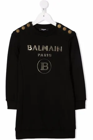 Balmain Abito bambina con bottoni oro sulle spalline e scritta sul davanti