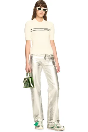 OFF-WHITE Cream Striped Knit Polo Shirt - Female T-shirt E Top L