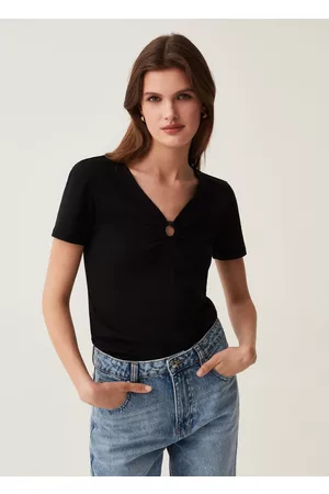 OVS Donna T-shirt - T-shirt Con Scollo A V E Anello, Donna, Nero, Taglia: XS