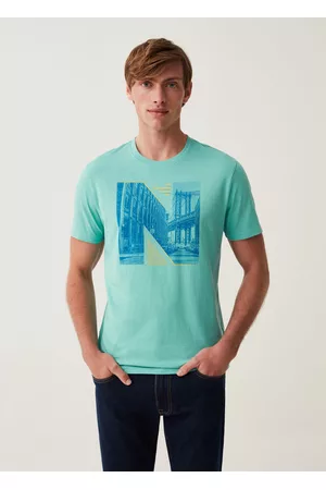 OVS Uomo T-shirt con stampa - T-shirt In Cotone Slub Stampa New York City, Uomo, Azzurro acqua, Taglia: S
