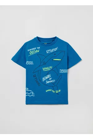 OVS Uomo T-shirt con stampa - T-shirt In Cotone Con Stampa Squalo, Uomo, Blu bluette, Taglia: 3-4