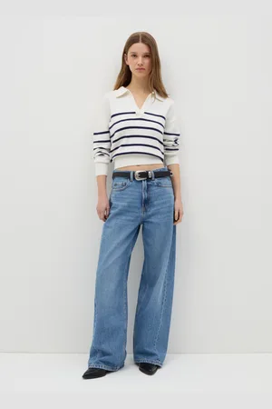 OVS Maglia A Righe Bianco E Blu Con Scollo A Polo, Donna