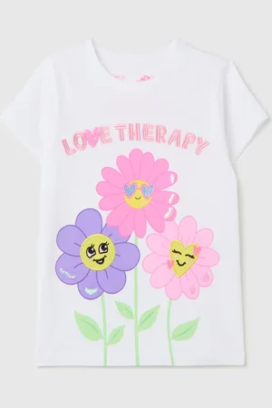 Love Therapy T-shirt Con Stampa Fiori E Ricamo Lettering, Bambina