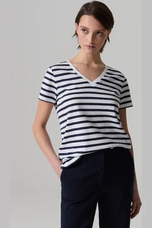 PIOMBO T-shirt In Lino E Cotone A Righe Scollo A V, Donna