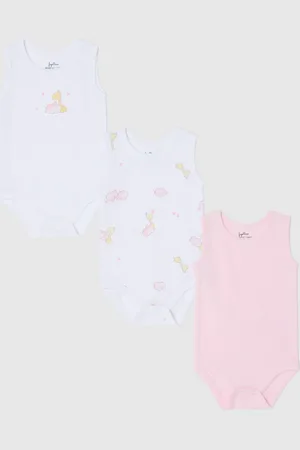 FAGOTTINO Tripack Body Smanicati In Cotone Bio Con Stampa Bianco Rosa, Neonata