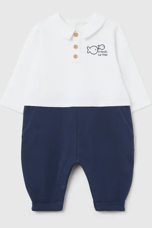 FAGOTTINO Tutina In Cotone Bicolore Con Ricamo Pesciolini Blu, Neonato
