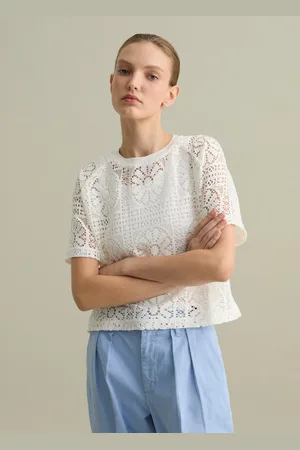 PIOMBO T-shirt Bianca A Maniche Corte In Pizzo, Donna