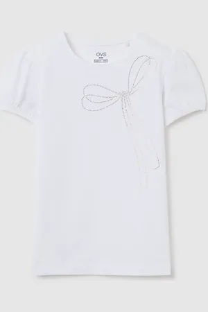 OVS T-shirt Bianca In Cotone Stretch Con Fiocco Di Strass, Bambina