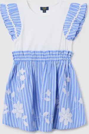 OVS Abito Bianco E Azzurro A Righe Con Ricamo Floreale, Bambina
