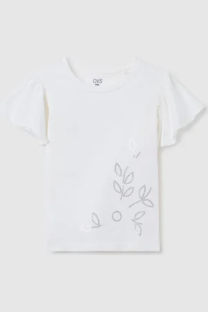 OVS T-shirt Bianca Con Paillettes E Ricamo Fiori, Bambina