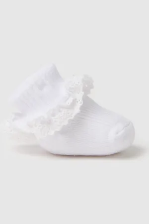 FAGOTTINO Scarpine Bianche In Maglia Con Applicazione Sangallo, Neonata