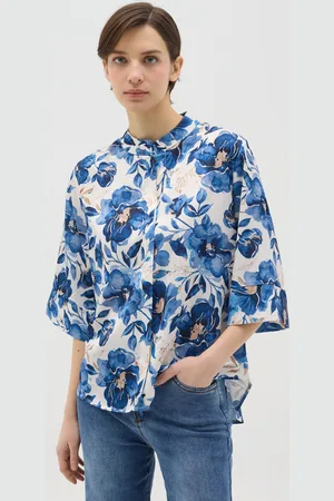 Hybrid Blusa Floreale Bianca E Blu Con Maniche A Kimono, Donna