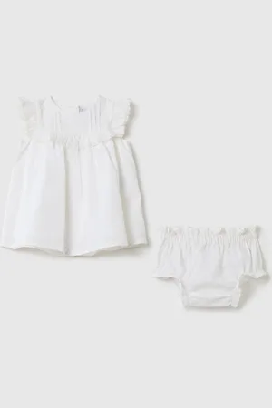 FAGOTTINO Set Vestitino E Culotte Bianchi In Cotone Con Dettagli Arricciati, Neonata