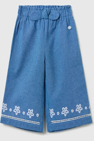 FAGOTTINO Pantalone A Gamba Larga In Chambray Con Ricami Floreali, Bambina