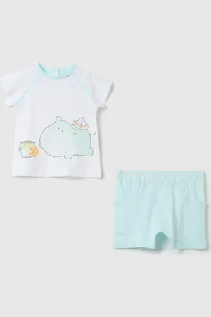 FAGOTTINO Set T-shirt E Shorts Bianchi E Azzurri In Cotone Bio Con Stampa, Neonato