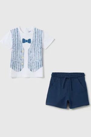 FAGOTTINO Jogging Set Bianco E Blu In Cotone Con Stampa Gilet E Papillon, Bambino