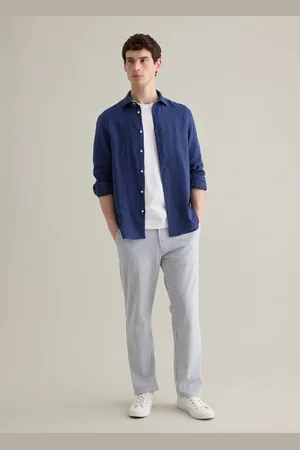 PIOMBO Pantaloni Chino In Seersucker A Righe Bianche E Blu, Uomo