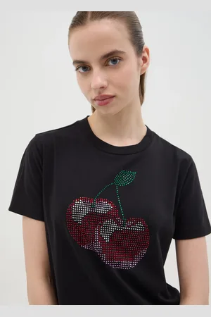 OVS T-shirt Nera In Cotone Con Ciliegie Di Strass, Donna
