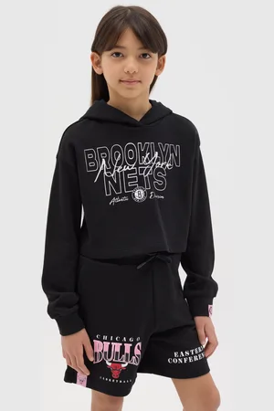 AmazonBasics Felpa Nera Crop Con Cappuccio Stampa Brooklyn Nets, Bambina
