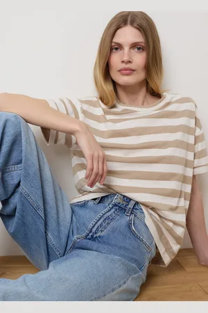 OVS T-shirt In Lurex A Righe Bianche E Beige, Donna