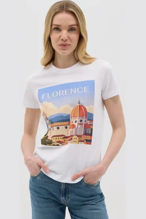 OVS OVS , T-shirt Da Donna In Puro Cotone Bianca Regular Fit Con Stampa Firenze