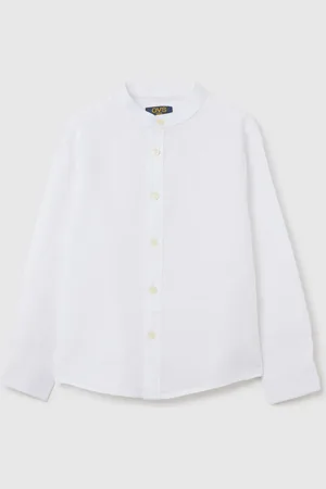 OVS Camicia Da Bambino In Misto Lino Bianca Regular Fit Con Collo Alla Coreana