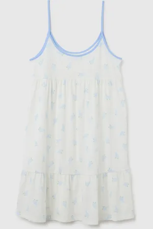 OVS OVS , Abito Estivo Da Donna In Puro Cotone Bianco Con Motivo Cactus Azzurro E Balza Sul Fondo