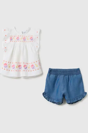 FAGOTTINO Completo Da Neonata Con Top In Puro Cotone E Shorts In Denim, Bambina