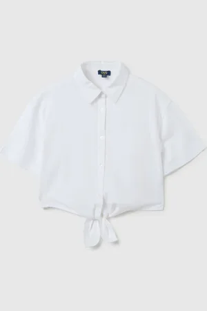 OVS Camicia Corta Da Ragazza In Cotone E Lino Bianca Regular Fit Con Nodo Frontale, Bambina