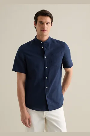PIOMBO Camicia Da Uomo In Lino E Cotone Regular Fit Con Collo Coreano