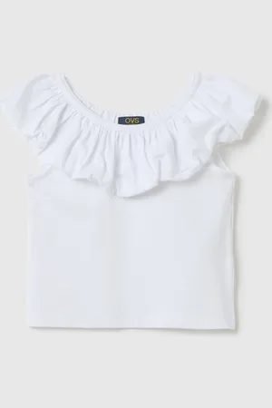 OVS T-shirt Da Bambina In Cotone Elasticizzato Bianca Con Balza Su Scollo