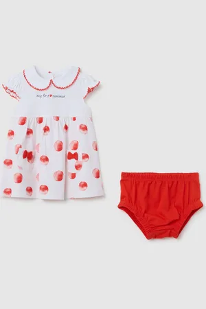 FAGOTTINO Abito Da Bambina In Puro Cotone Bianco Con Pois Rossi E Dettagli Rossi, Neonata