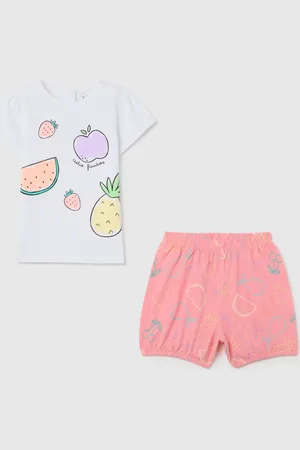 FAGOTTINO Pigiama Corto Da Bambina In Puro Cotone Bianco E Rosa