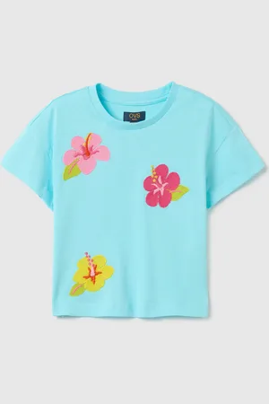 OVS T-shirt Da Bambina In Puro Cotone Azzurra Boxy Fit Con Fiori Ricamati