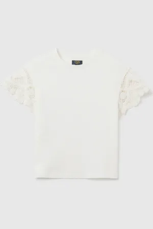 OVS T-shirt Da Ragazza In Puro Cotone Bianca Regular Fit Con Maniche In Pizzo, Bambina
