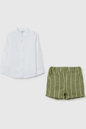 FAGOTTINO Set Da Bambino In Misto Lino E Cotone E Verde Regular Fit Con Bermuda A Righe