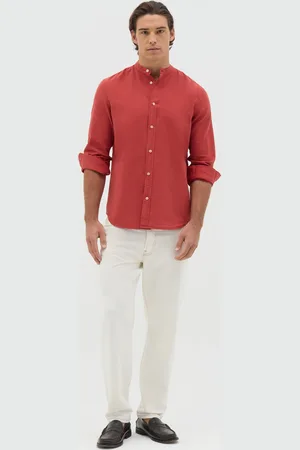 OVS OVS , Camicia Da Uomo In Cotone E Lino Rossa Regular Fit Con Colletto Coreano