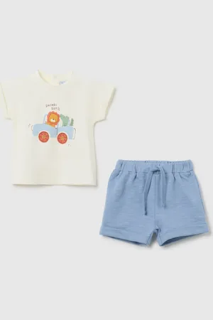 FAGOTTINO Completo Estivo Da Bambino In Puro Cotone Bianco Con Stampa, Neonato