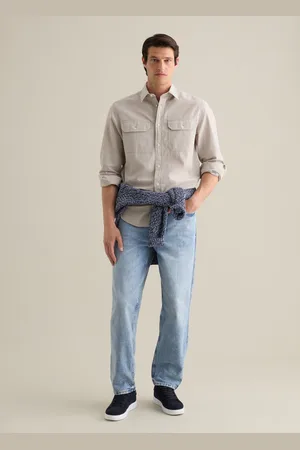 PIOMBO Camicia Da Uomo In Cotone E Lino Sabbia Regular Fit Con Tasche