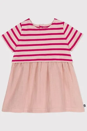 Petit Bateau Abito a maniche corte in jersey spesso e garza di cotone bebè