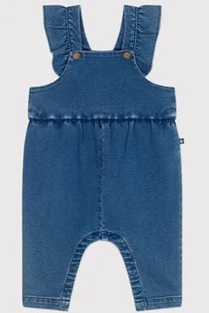 Petit Bateau Salopette neonato in denim ed elastan a gamba lunga