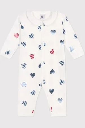 Petit Bateau Pigiama senza piedini in cotone con colletto con cuore a righe neonato